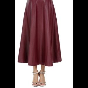 Vegan Leather A-Line High Waist Long Fit Flared Skirt Wine Red, Small